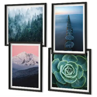 Galleria a parete con stampa di montagne e cielo rosa su tonalità acquerello