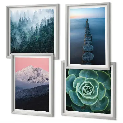 Galleria a parete con stampa di montagne e cielo rosa su tonalità acquerello