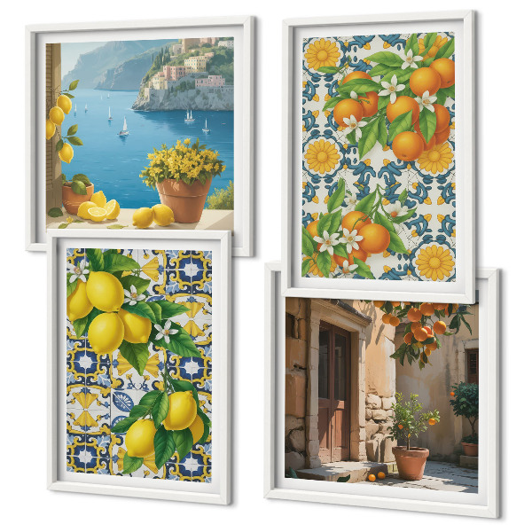 Composizione di 4 quadri Limoni, fiori, arance, Italia