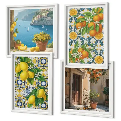 Composizione di 4 quadri con limoni, fiori e arance
