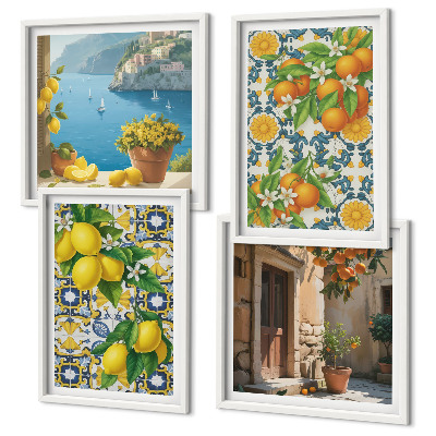 Composizione di 4 quadri Limoni, fiori, arance, Italia