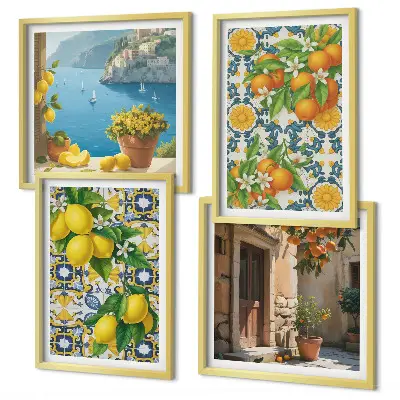 Composizione di 4 quadri con limoni, fiori e arance