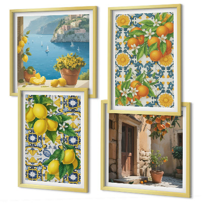 Composizione di 4 quadri Limoni, fiori, arance, Italia