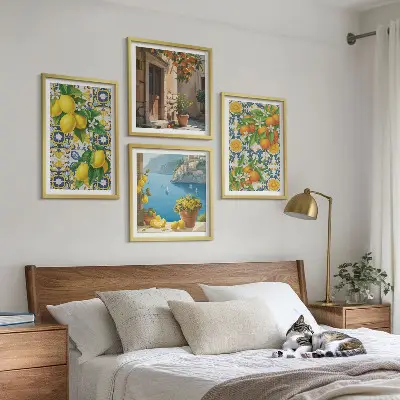 Composizione di 4 quadri con limoni, fiori e arance