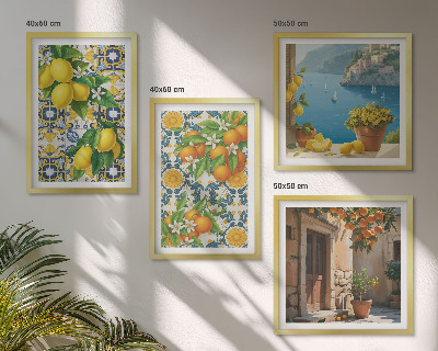 Composizione di 4 quadri Limoni, fiori, arance, Italia