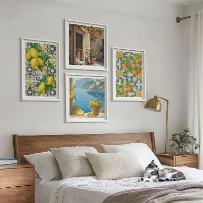 Composizione di 4 quadri con limoni, fiori e arance