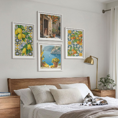 Composizione di 4 quadri Limoni, fiori, arance, Italia