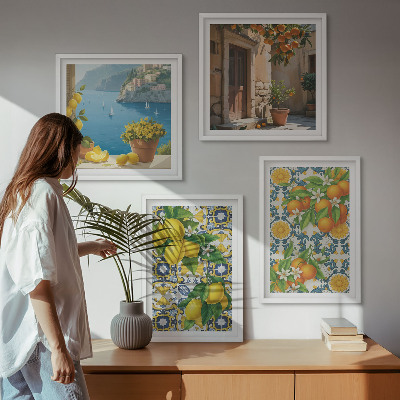 Composizione di 4 quadri Limoni, fiori, arance, Italia