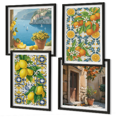 Composizione di 4 quadri Limoni, fiori, arance, Italia