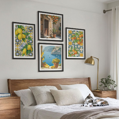 Composizione di 4 quadri Limoni, fiori, arance, Italia
