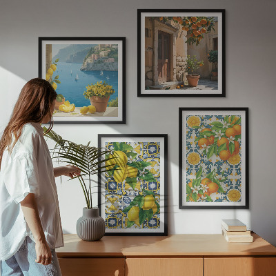 Composizione di 4 quadri Limoni, fiori, arance, Italia