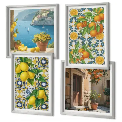 Composizione di 4 quadri con limoni, fiori e arance