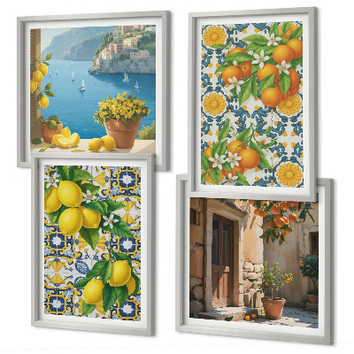 Composizione di 4 quadri Limoni, fiori, arance, Italia