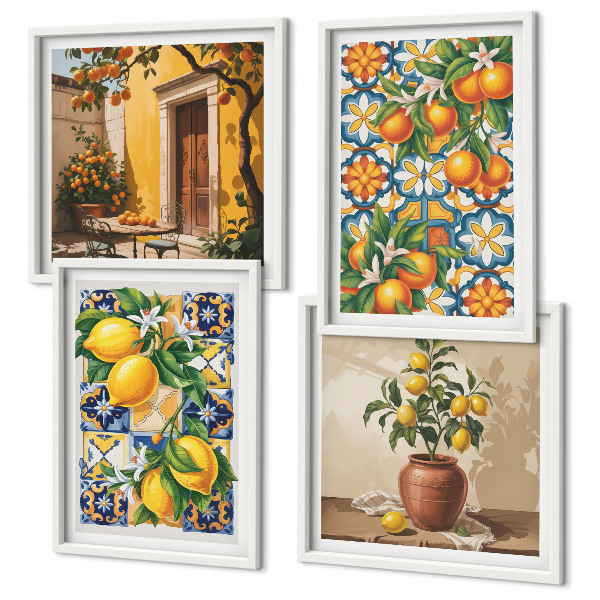 Polittico con cornice motivi floreali color arancio limone