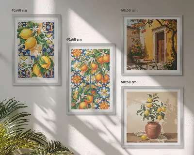 Polittico con cornice con motivi floreali color arancio limone
