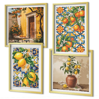 Polittico con cornice motivi floreali color arancio limone