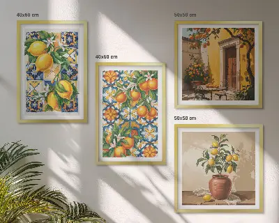 Polittico con cornice con motivi floreali color arancio limone
