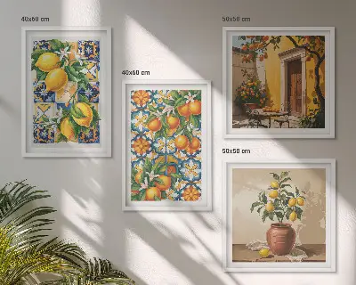 Polittico con cornice con motivi floreali color arancio limone