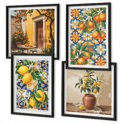 Polittico con cornice motivi floreali color arancio limone