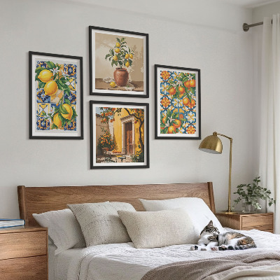 Polittico con cornice motivi floreali color arancio limone