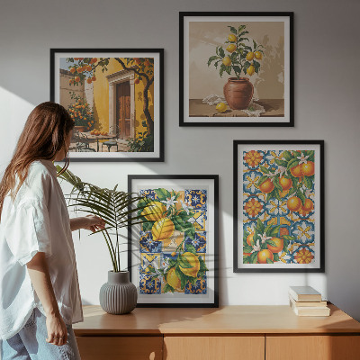 Polittico con cornice motivi floreali color arancio limone