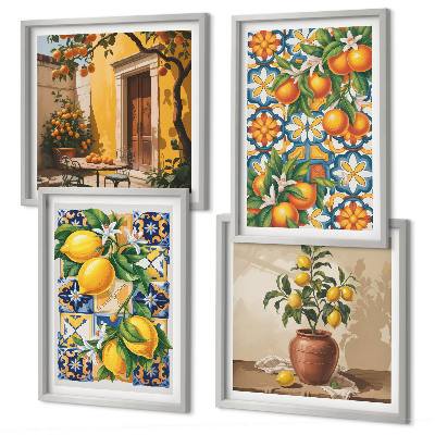 Polittico con cornice motivi floreali color arancio limone