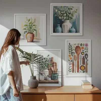 Set di 4 quadri decorazione da parete con accessori da cucina a base vegetale