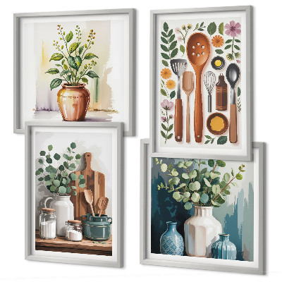 Composizione di 4 quadri Accessori da cucina a base vegetale