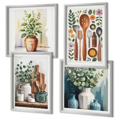 Set di 4 quadri decorazione da parete con accessori da cucina a base vegetale
