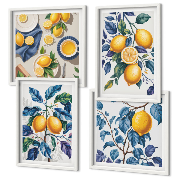 Composizione di 4 quadri Rami di limone con foglie blu