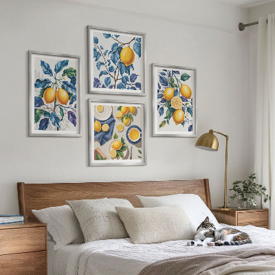 Composizione di 4 quadri Rami di limone con foglie blu