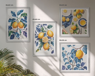 Composizione di 4 quadri Rami di limone con foglie blu