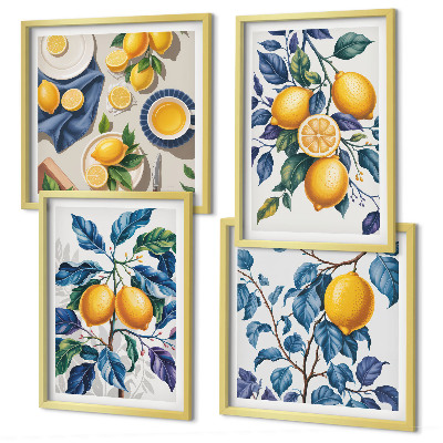 Composizione di 4 quadri Rami di limone con foglie blu
