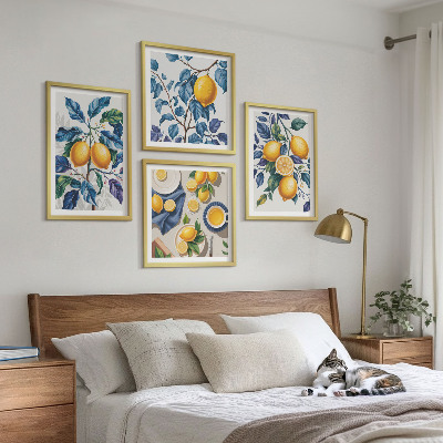 Composizione di 4 quadri Rami di limone con foglie blu