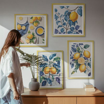 Composizione di 4 quadri Rami di limone con foglie blu