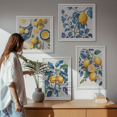 Composizione di 4 quadri Rami di limone con foglie blu