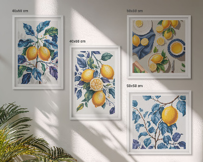Composizione di 4 quadri Rami di limone con foglie blu