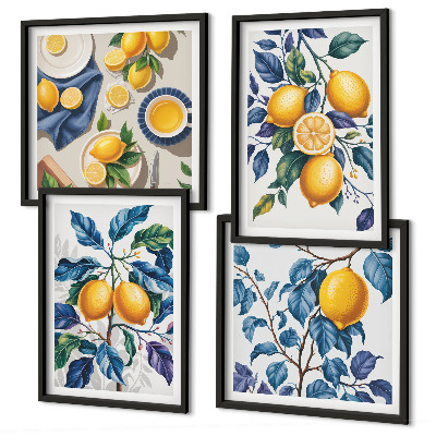 Composizione di 4 quadri Rami di limone con foglie blu