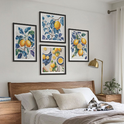 Composizione di 4 quadri Rami di limone con foglie blu