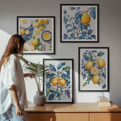 Composizione di 4 quadri Rami di limone con foglie blu