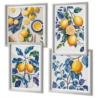 Composizione di 4 quadri Rami di limone con foglie blu