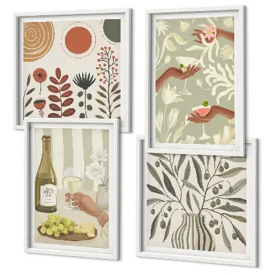 Composizione di 4 quadri con stampa di cocktail rustici ai fiori d'ulivo