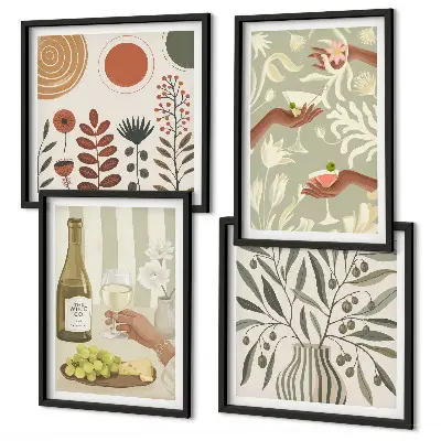 Composizione di 4 quadri con stampa di cocktail rustici ai fiori d'ulivo
