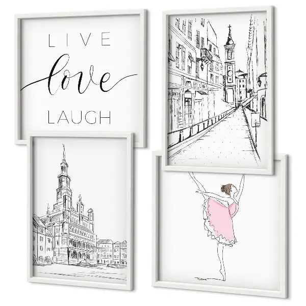 Composizione di 4 quadri con grafica elegante di una ballerina e architettura