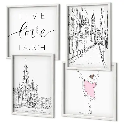 Composizione di 4 quadri con grafica elegante di una ballerina e architettura