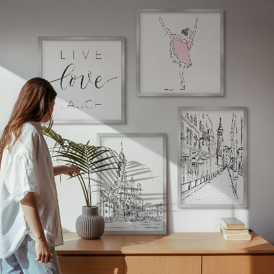 Composizione di 4 quadri Grafica elegante ballerina architettura