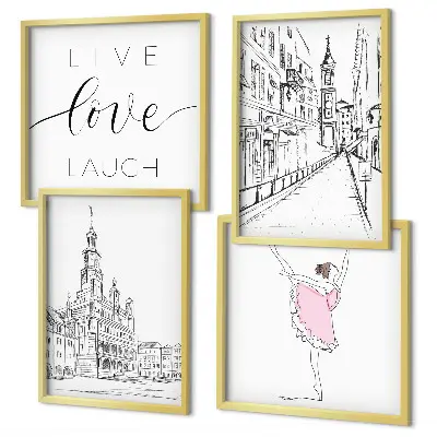 Composizione di 4 quadri con grafica elegante di una ballerina e architettura