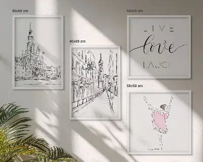 Composizione di 4 quadri con grafica elegante di una ballerina e architettura
