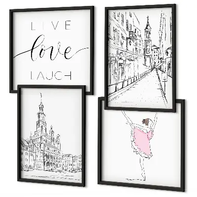 Composizione di 4 quadri con grafica elegante di una ballerina e architettura