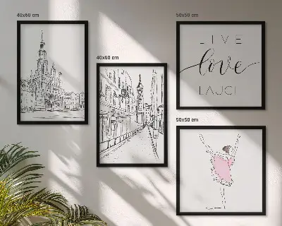 Composizione di 4 quadri con grafica elegante di una ballerina e architettura